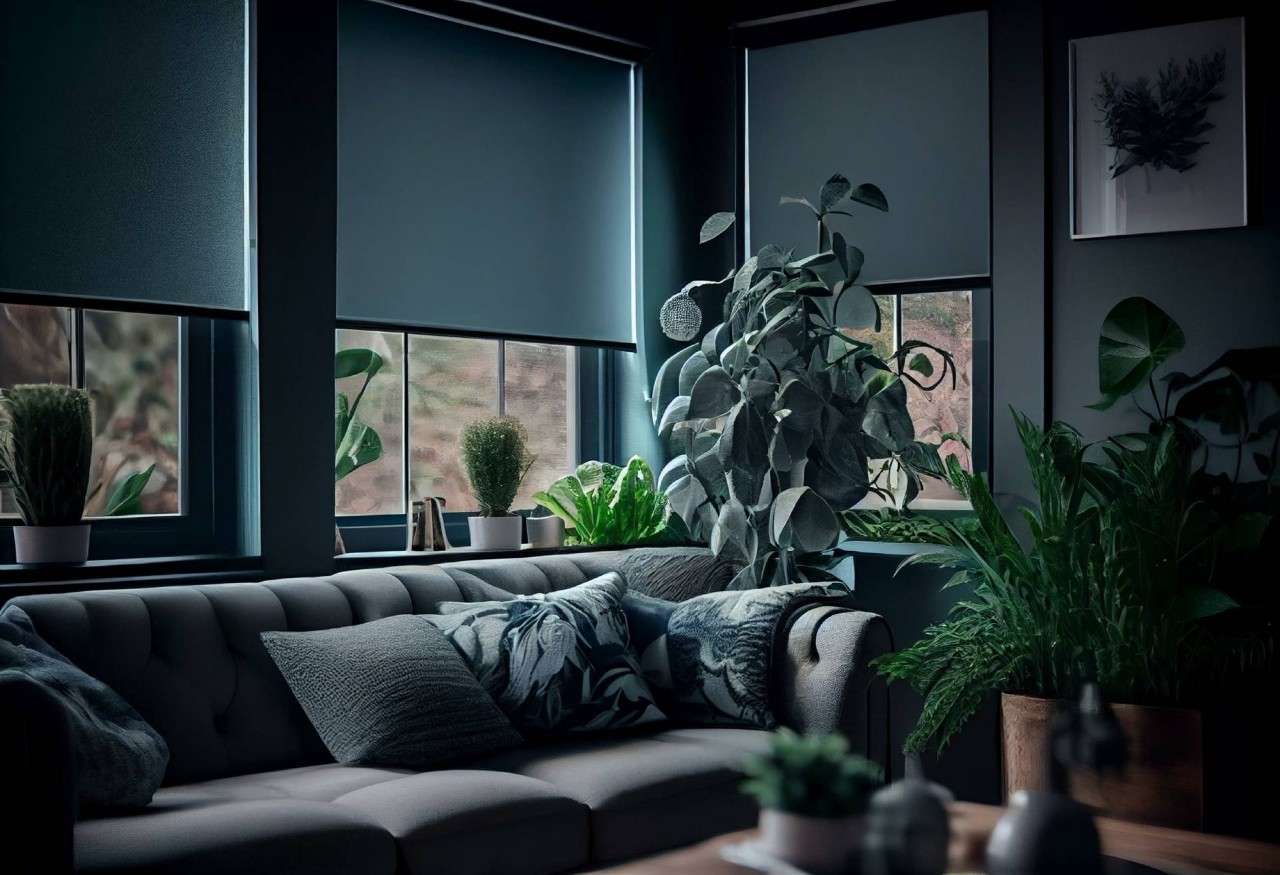 A dark living room full of plants, with Hunter Douglas window treatments on the windows near Greenville, SC