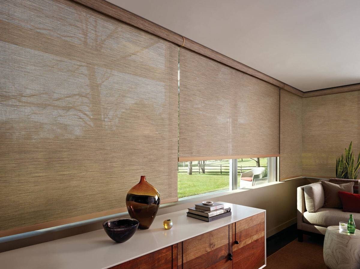 Hunter Douglas Designer Roller Shades blocking out sunlight in a living room near Seneca, SC