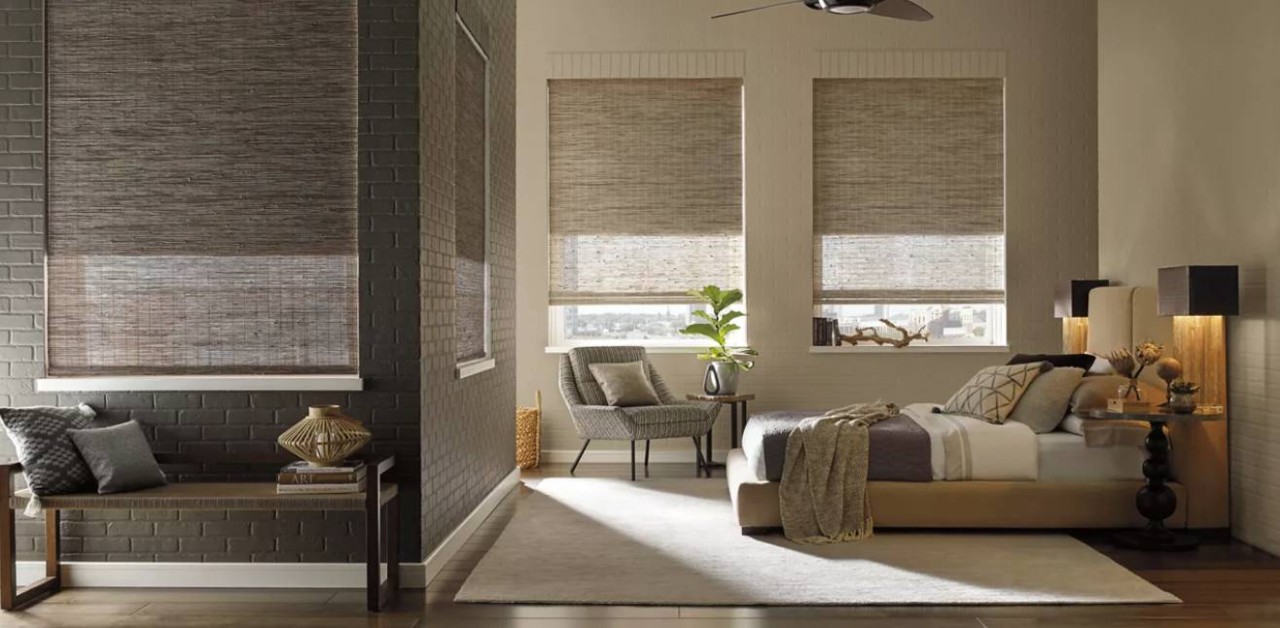 Hunter Douglas woven wood shades covering a window near Seneca & Greenville, SC