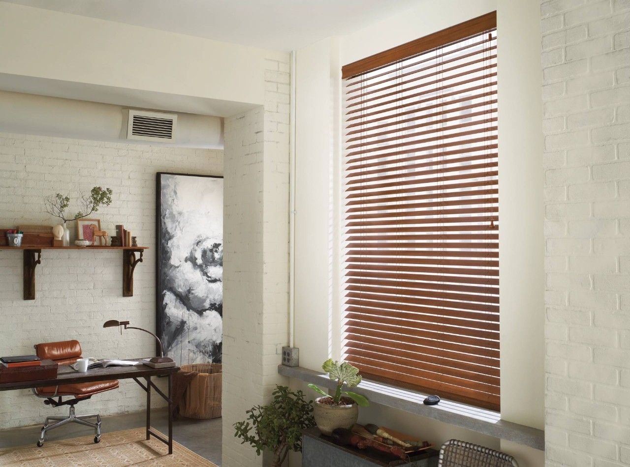 Farmhouse office design with brown faux wood blinds near Seneca & Greenville, SC
