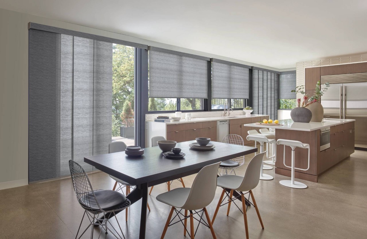 Hunter Douglas Skyline® Panel-Track Blinds in a kitchen near Seneca & Greenville, SC