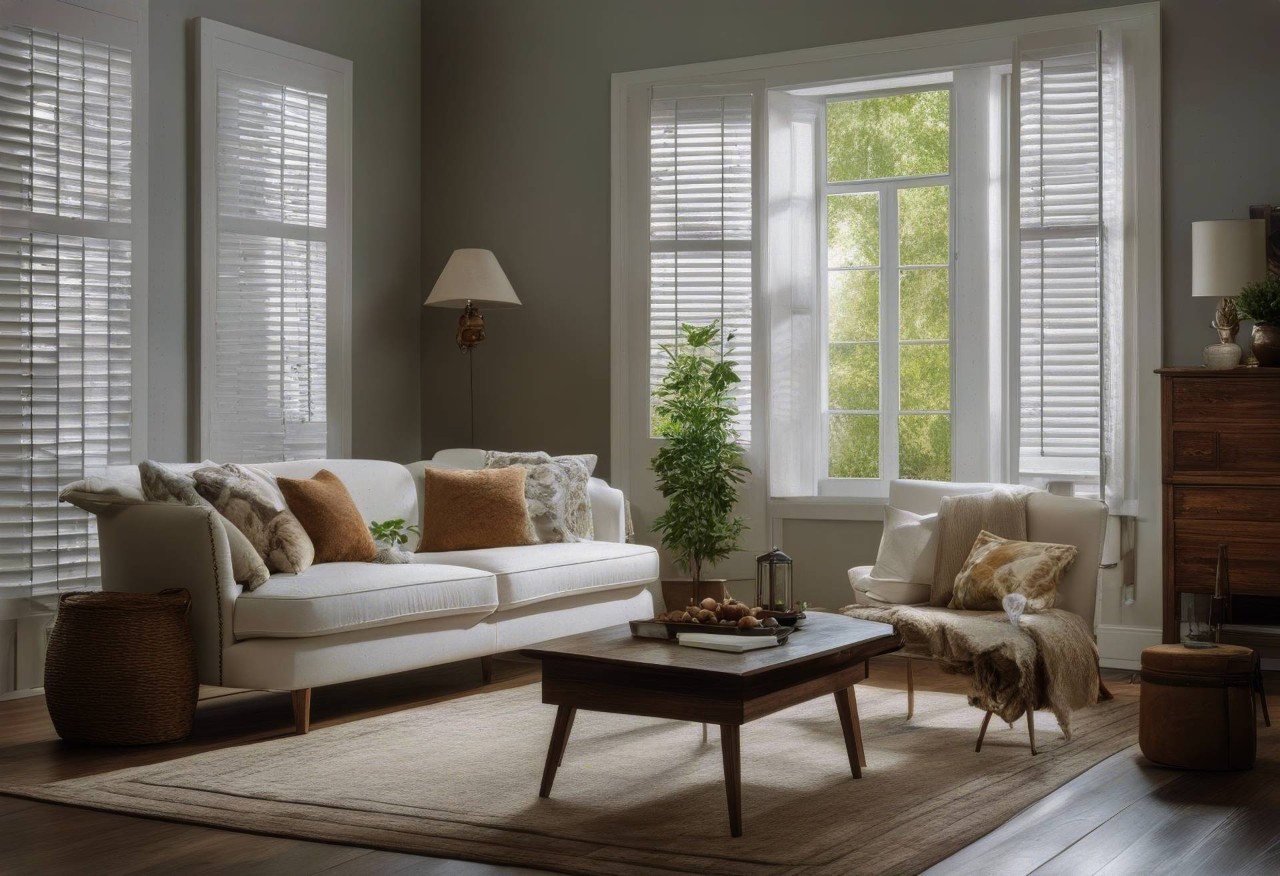 A modern living room featuring white window shutters near Seneca and Greenville, SC