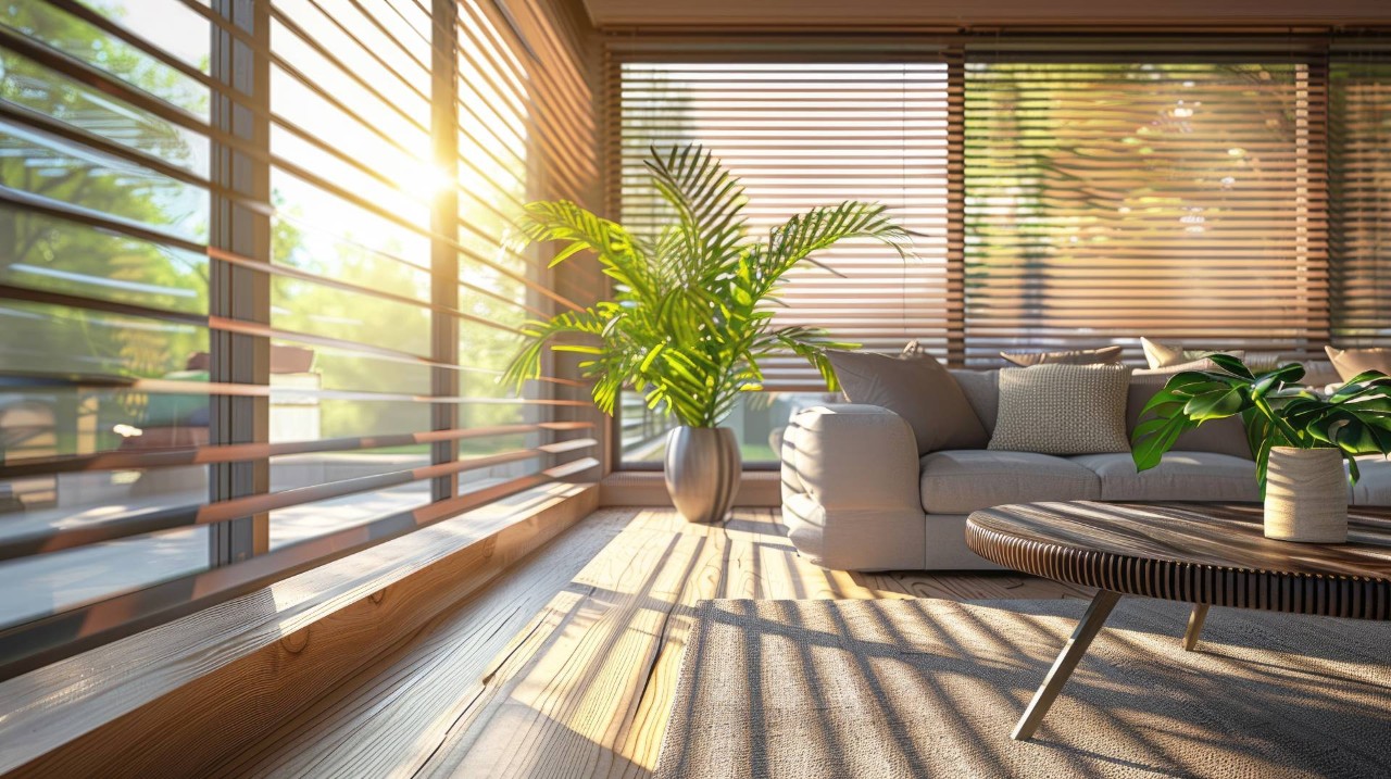 Custom window blinds in a boho chic living room at Blinds And Us near Greenville South Carolina (SC)