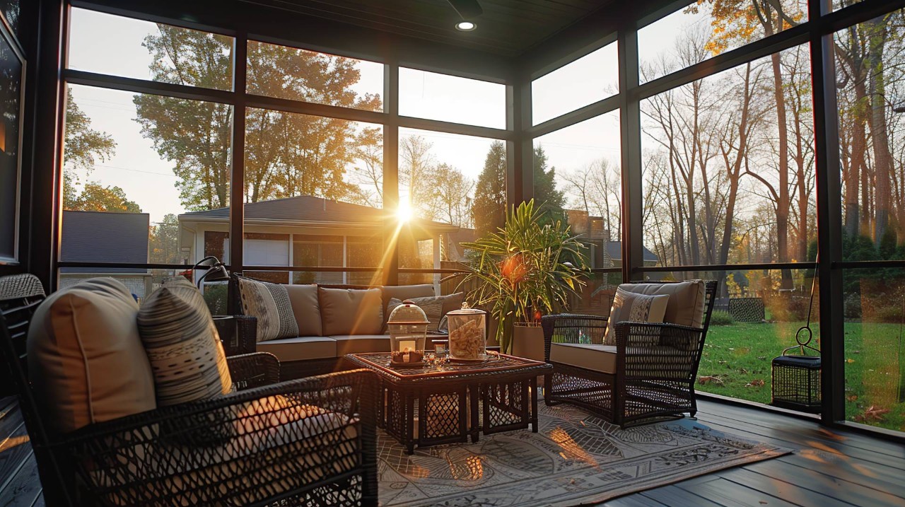 Modern enclosed porch with roll up porch shades near Seneca and Greenville, SC
