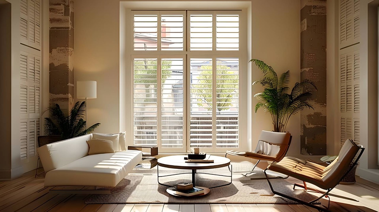 White indoor shutters filtering light into a living room at Blinds And Us near Greenville South Carolina (SC)