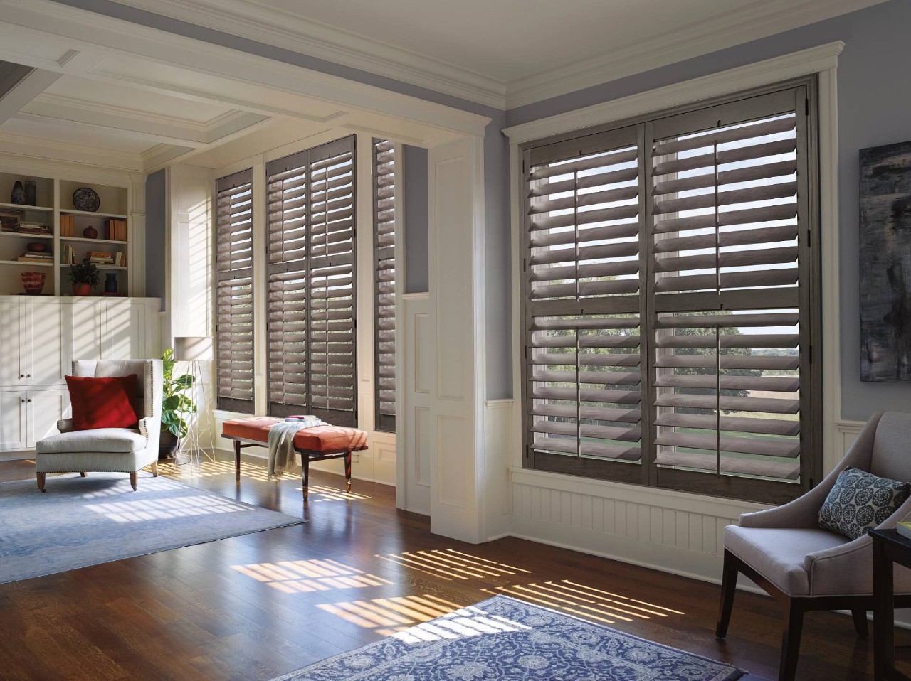 Hunter Douglas shutters in a posh living room at Blinds and Us near Seneca and Greenville, SC