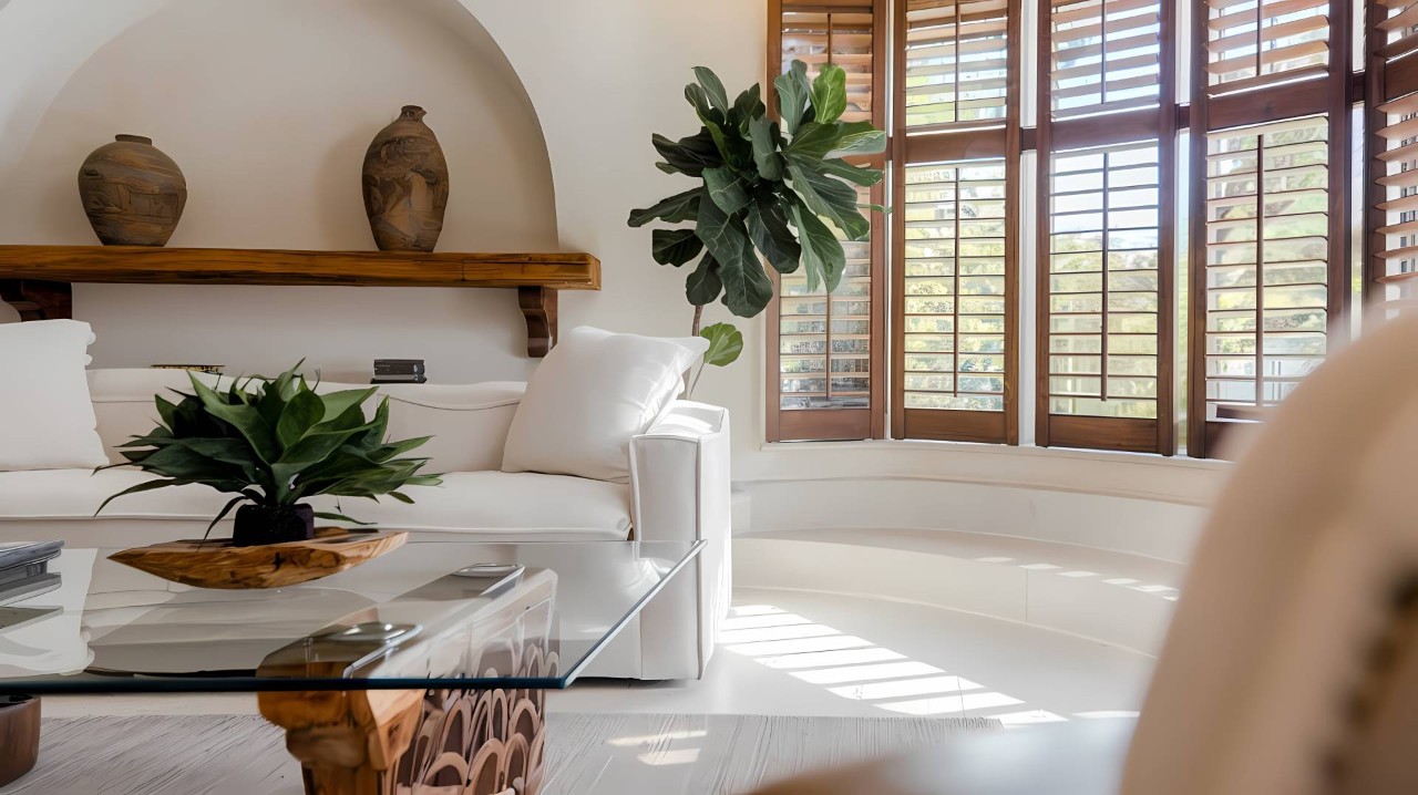 Dark hardwood shutters in a traditional living room at Blinds And Us near Greenville South Carolina (SC)