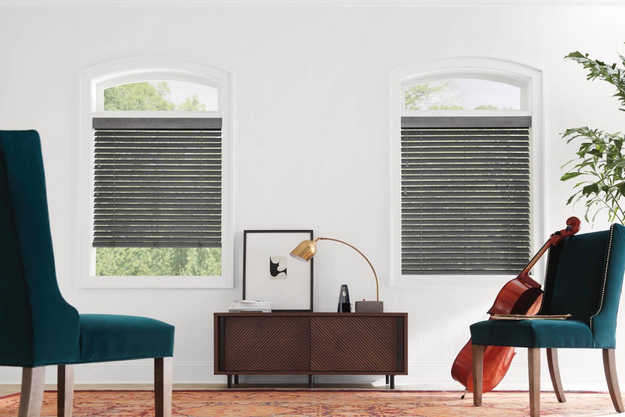 Hunter Douglas blinds covering two windows in a hobby room at Blinds and Us near Greenville, SC