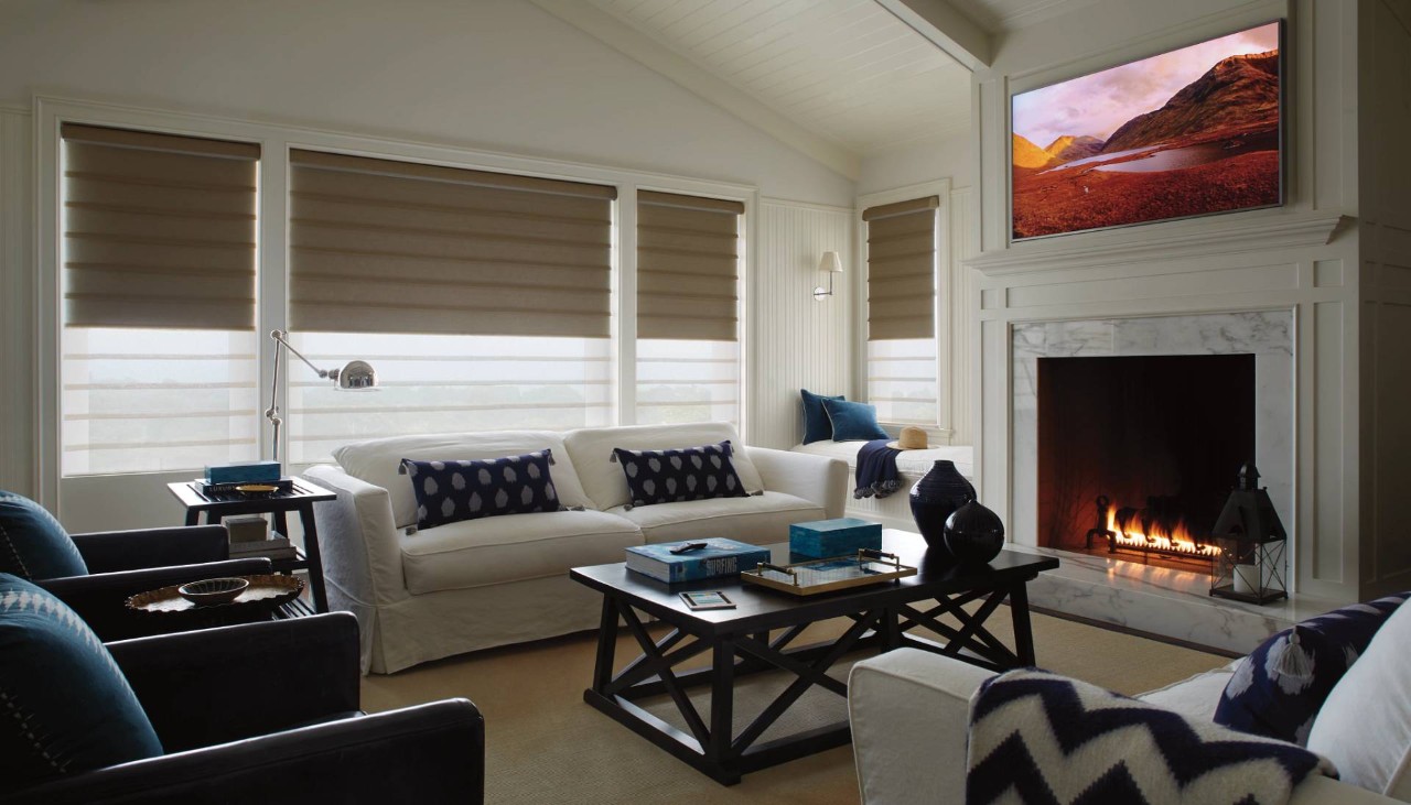 Modern living room with sofa, table, and Roman shades at Blinds and Us near Greenville, SC